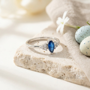Marquise Blue Sapphire Stone Ring, 925 Sterling Silver Women's Solitaire