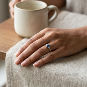 Marquise Blue Sapphire Stone Ring, 925 Sterling Silver Women's Solitaire