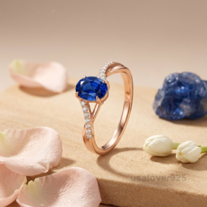 Blue Sapphire Oval Stone Ring, 925 Sterling Silver Women's Solitaire