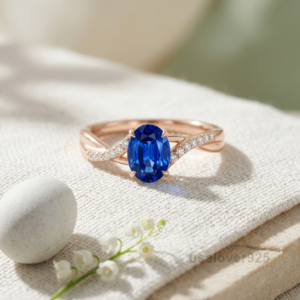 Blue Sapphire Oval Stone Ring, 925 Sterling Silver Women's Solitaire