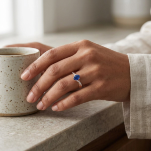 Blue Sapphire Oval Stone Ring, 925 Sterling Silver Women's Solitaire