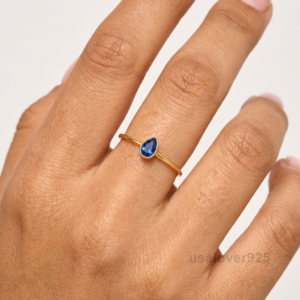 Blue Sapphire Pear Stone Women's Solitaire Ring, 925 Solid Sterling Silver