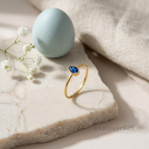 Blue Sapphire Pear Stone Women's Solitaire Ring, 925 Solid Sterling Silver