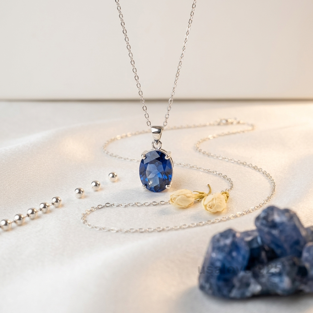 Blue Sapphire Oval Stone Pendant, 925 Sterling Silver Necklace Jewelry