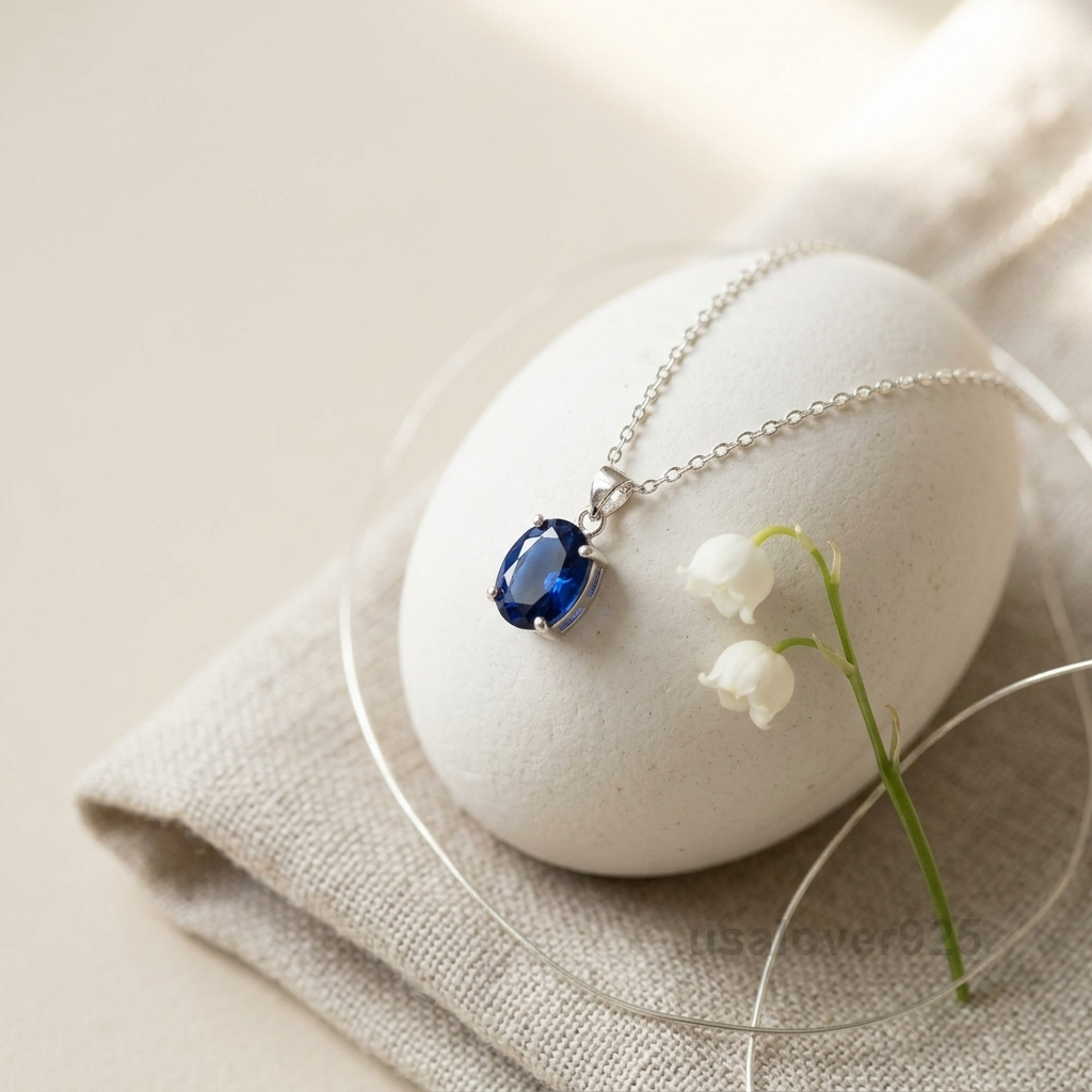 Blue Sapphire Oval Stone Pendant, 925 Sterling Silver Necklace Jewelry