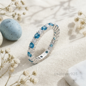 Sterling Silver Blue Topaz & Cubic Zirconia Ring | Sparkly Eternity Band