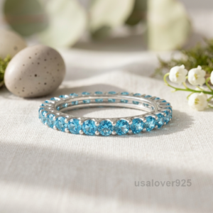 Blue Topaz Full Eternity Band, 925 Sterling Silver Blue Gemstone Ring
