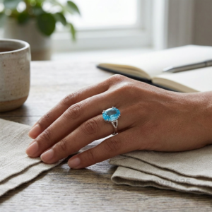 Topaz Oval Stone Ring, 925 Sterling Silver Women's Statement Band