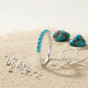 Turquoise Stone Women's Half Eternity Band, 925 Solid Sterling Silver