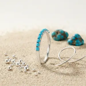 Turquoise Stone Women's Half Eternity Band, 925 Solid Sterling Silver