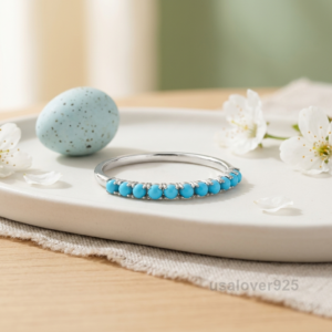 Turquoise Stone Women's Half Eternity Band, 925 Solid Sterling Silver