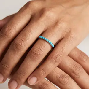 Turquoise Stone Women's Half Eternity Band, 925 Solid Sterling Silver