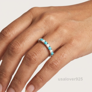 Turquoise and Opal Stone Women's Eternity Band, 925 Solid Sterling Silver