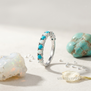 Turquoise and Opal Stone Women's Eternity Band, 925 Solid Sterling Silver