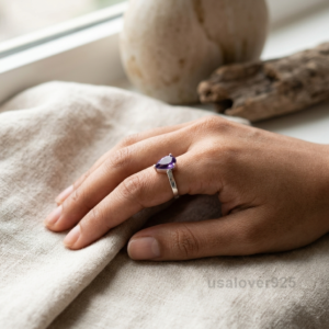 Amethyst Pear Stone Ring, 925 Sterling Silver Women’s Gemstone Band