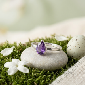 Amethyst Pear Stone Ring, 925 Sterling Silver Women’s Gemstone Band