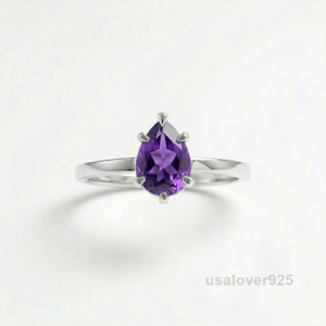 Amethyst Pear Stone Ring, 925 Sterling Silver Women’s Gemstone Band