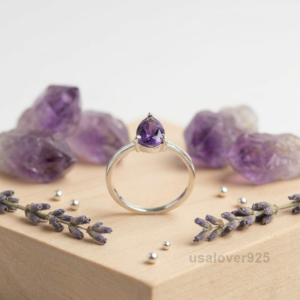 Amethyst Pear Stone Ring, 925 Sterling Silver Women’s Gemstone Band