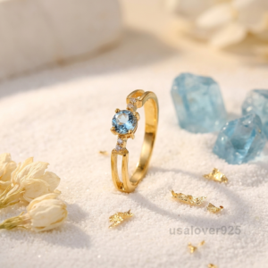 Aquamarine Solitaire Ring, 925 Sterling Silver Light Blue Gemstone Jewelry