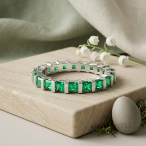 Emerald Green Square Stone Eternity Band, 925 Solid Sterling Silver Jewelry