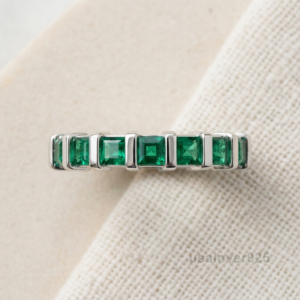 Emerald Green Square Stone Eternity Band, 925 Solid Sterling Silver Jewelry