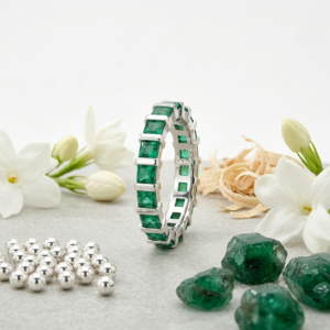 Emerald Green Square Stone Eternity Band, 925 Solid Sterling Silver Jewelry
