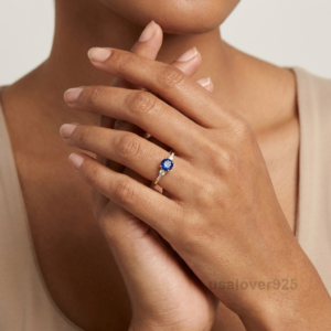 Blue Sapphire and Diamond Stone Women's Ring Set, 925 Solid Sterling Silver