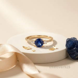 Blue Sapphire and Diamond Stone Women's Ring Set, 925 Solid Sterling Silver