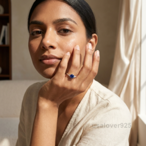 Blue Sapphire and Diamond Stone Women's Ring Set, 925 Solid Sterling Silver