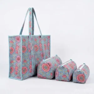 Blue-Floral-Quilted-Tote-Set-With-3-Matching-Pouches-Front-View