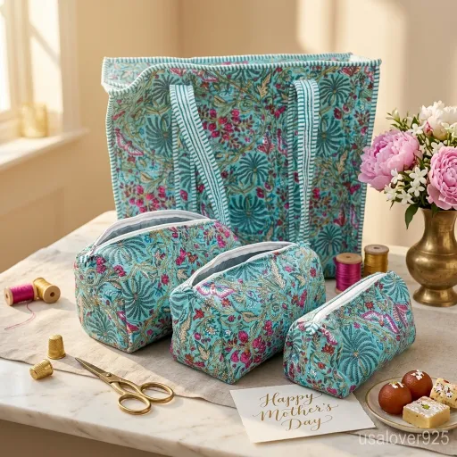 Firozi-Floral-Quilted-Tote-Set-4-Piece-Handmade-Bundle-Turquoise