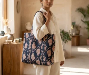 Animal Print Quilted Cotton Tote Bag with large shoulder handles showing the traditional artisan wild cat and jungle print design.