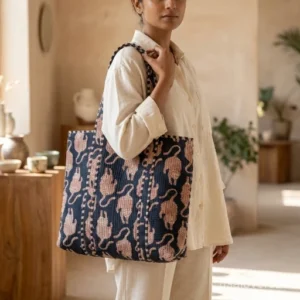 Animal Print Quilted Cotton Tote Bag with large shoulder handles showing the traditional artisan wild cat and jungle print design.