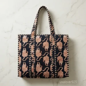 Animal Print Quilted Cotton Tote Bag with large shoulder handles showing the traditional artisan wild cat and jungle print design.