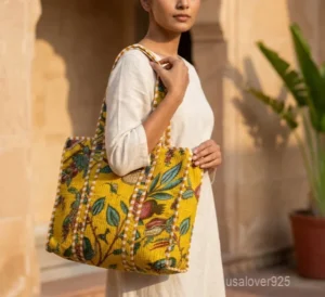 Safari Quilted Cotton Tote Bag with large shoulder handles showing the mustard yellow and green jungle print artisan design.