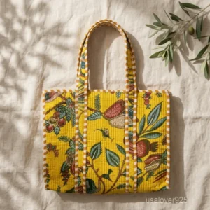 Safari Quilted Cotton Tote Bag with large shoulder handles showing the mustard yellow and green jungle print artisan design.