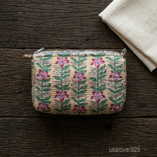 A three-piece nesting set of Beige Floral Quilted Cotton Toiletry Bags neatly arranged on a clean vanity counter showing the large, medium, and small size profiles.