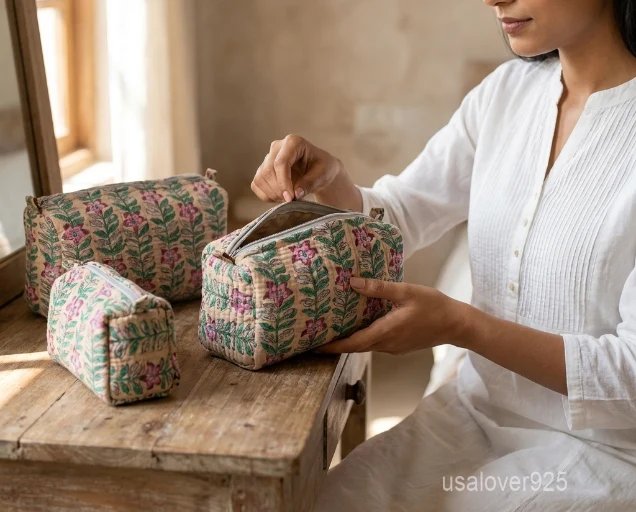 Set of 3 Beige Floral Quilted Cotton Toiletry Bags nesting set showing the traditional neutral artisan design and secure zipper fastenings.