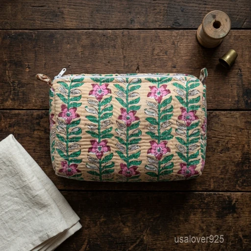 Set of 3 Beige Floral Quilted Cotton Toiletry Bags nesting set showing the traditional neutral artisan design and secure zipper fastenings.