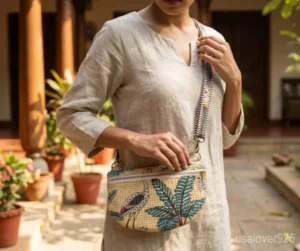 Beige Jungle Print Quilted Mini Purse with an adjustable crossbody strap showing the tropical botanical pattern.