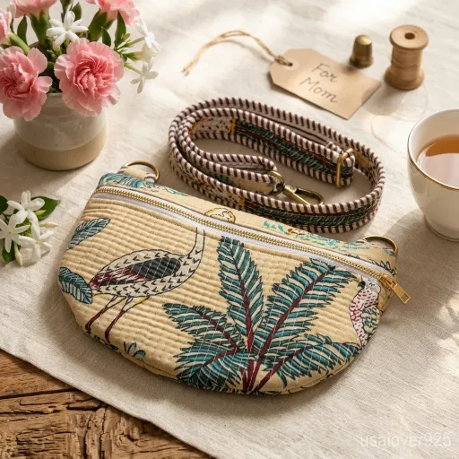 Close-up of secure metal zippers, front pocket, and detailed quilted stitching on a Beige Jungle Print Quilted Mini Purse.