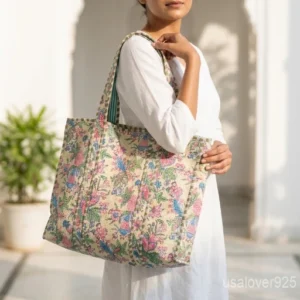 Beige Quilted Cotton Tote Bag with large shoulder handles showing the clean minimalist neutral layout design.