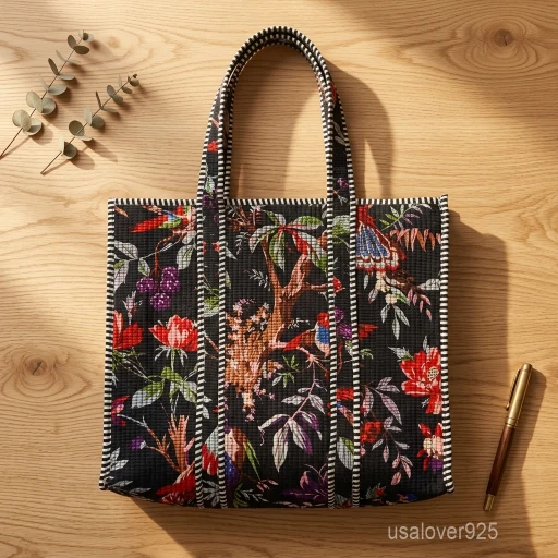 A person carrying a large square Bird Print Quilted Cotton Tote Bag comfortably over their shoulder during a grocery shopping run.