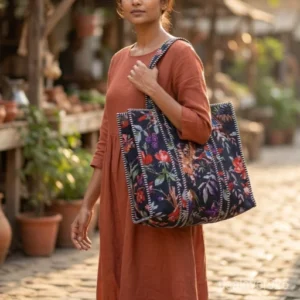Bird Print Quilted Cotton Tote Bag with large shoulder handles showing the whimsical traditional avian and botanical artisan design.