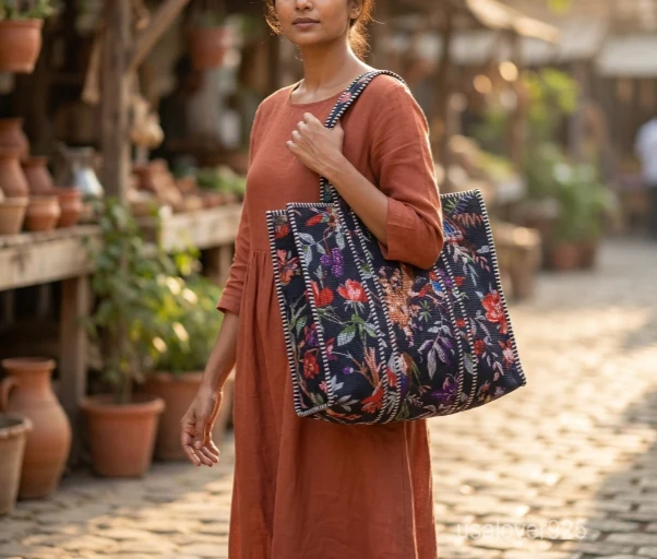 Bird Print Quilted Cotton Tote Bag with large shoulder handles showing the whimsical traditional avian and botanical artisan design.