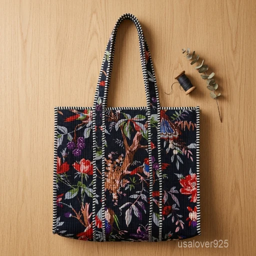Bird Print Quilted Cotton Tote Bag with large shoulder handles showing the whimsical traditional avian and botanical artisan design.