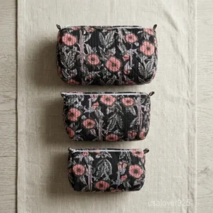 Set of 3 Black Block Print Quilted Cotton Toiletry Bags nesting set showing the traditional monochrome hand-block design and secure zipper lines with accent beads and tassels.