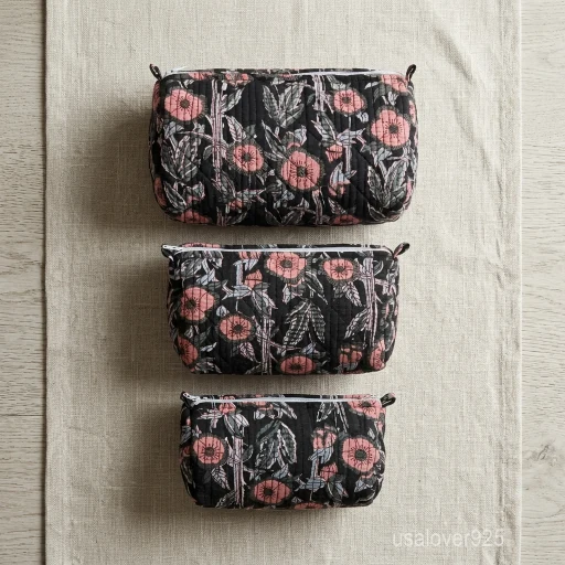 Set of 3 Black Block Print Quilted Cotton Toiletry Bags nesting set showing the traditional monochrome hand-block design and secure zipper lines with accent beads and tassels.