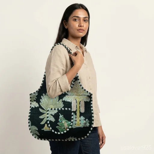 Close-up of intricate hand-block printing patterns and high-quality top zipper on a Black Floral Quilted Boho Tote.