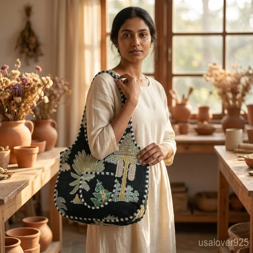 Black Floral Quilted Boho Tote with comfortable over-the-shoulder straps featuring an ethnic black and white print.